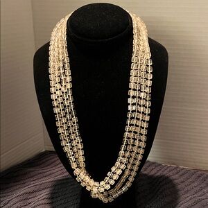 Elegant Vintage Clear Square Beaded 2 Strand Necklace 24” Drop
